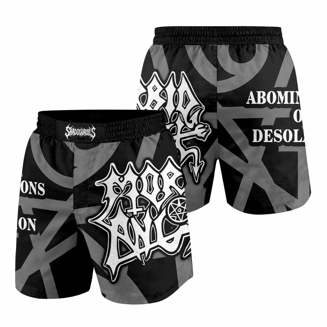 Morbid Angel Abominations of Desolation Grappling Shorts - front and back view