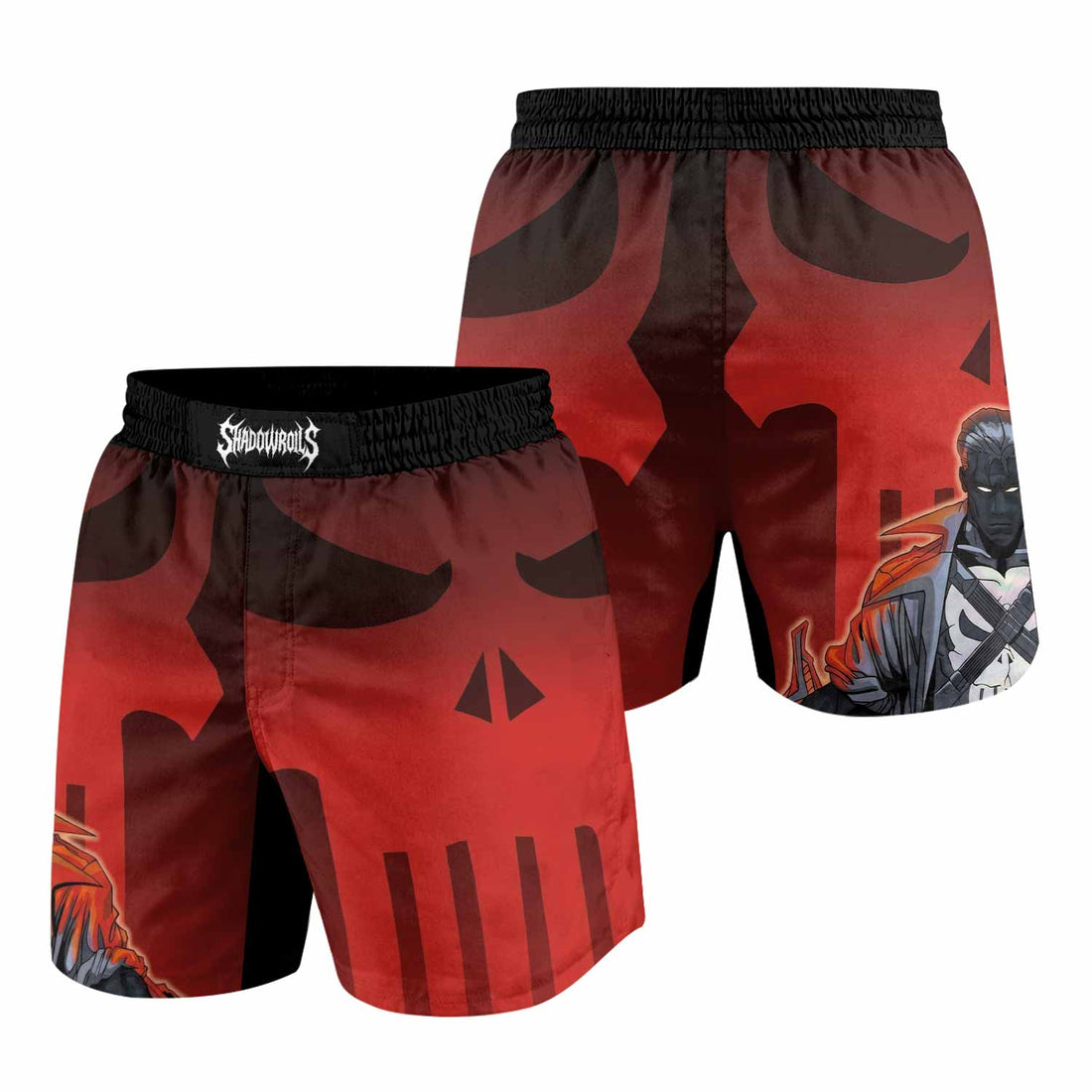 The Punisher Red Frank Castle Grappling Shorts - front and back view