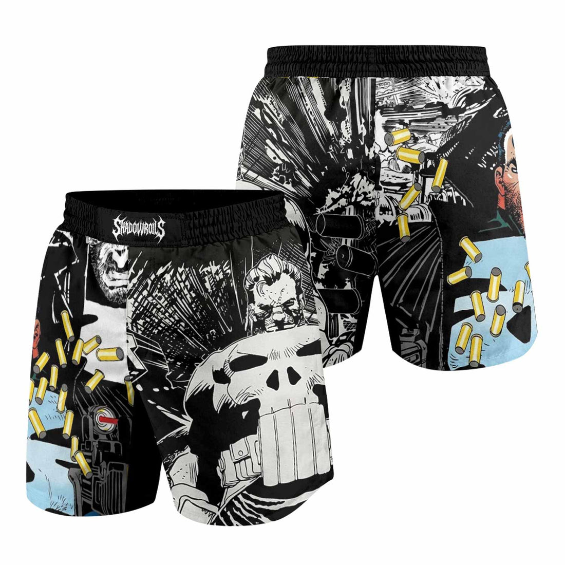 Punisher Bullet Storm Frank Castle Grappling Shorts - front and back view