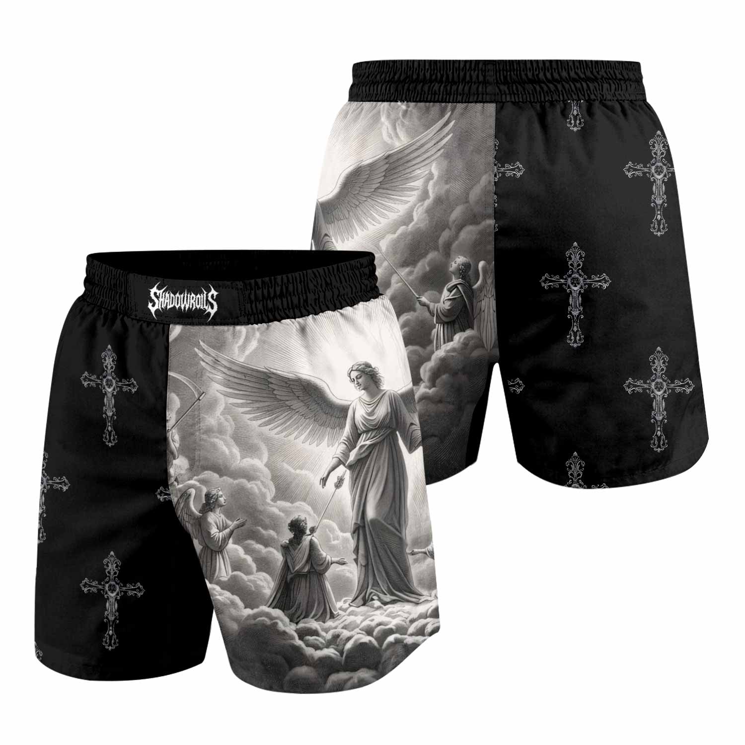 Jesus Saves Angel Ascension Grappling Shorts - front and back view