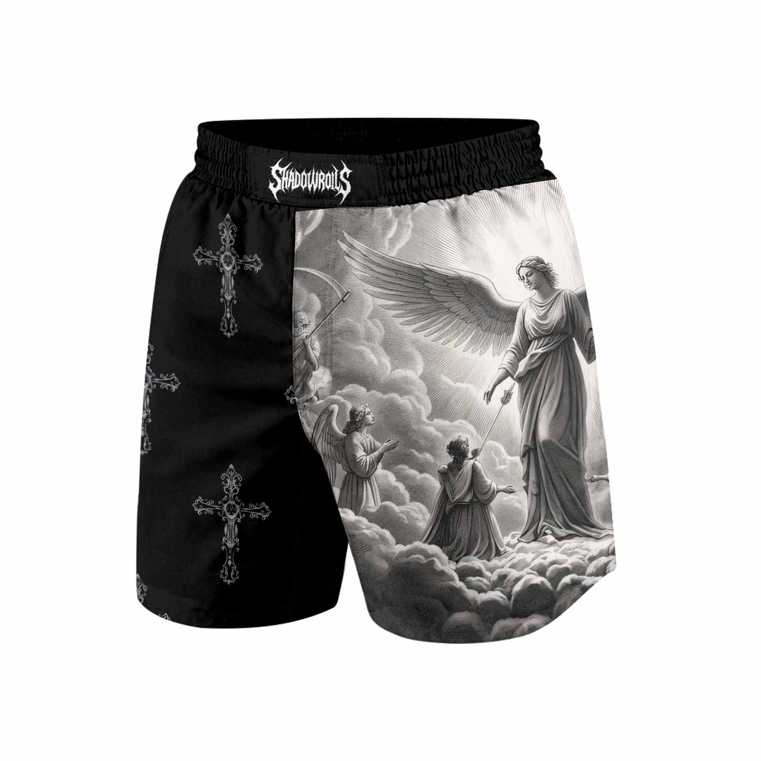 Jesus Saves Angel Ascension Grappling Shorts - back view mockup