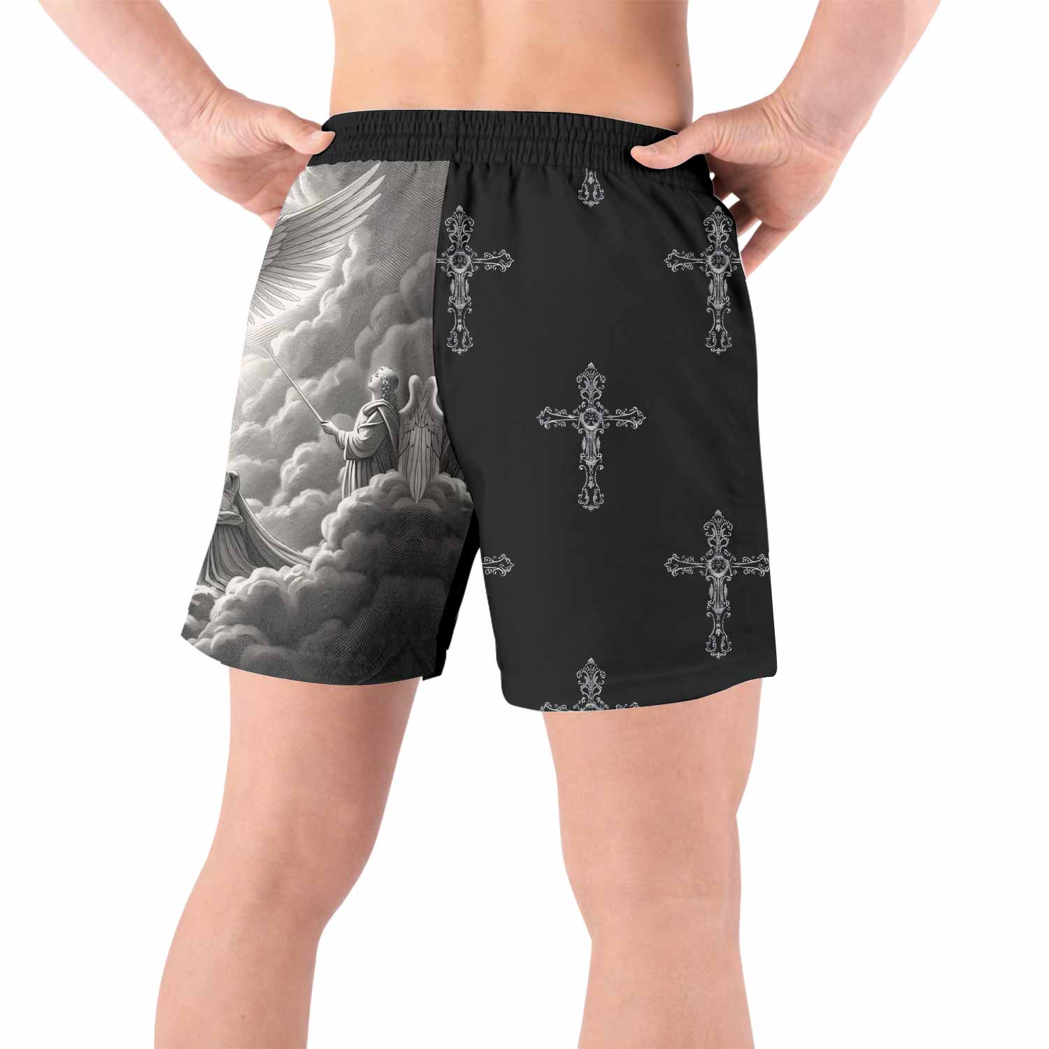 Jesus Saves Angel Ascension Grappling Shorts - back view lifestyle