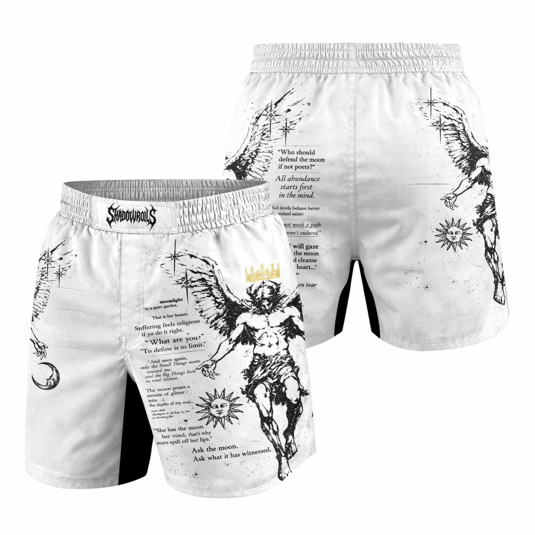 The Messenger Has Arrived White Grappling Shorts - front and back view