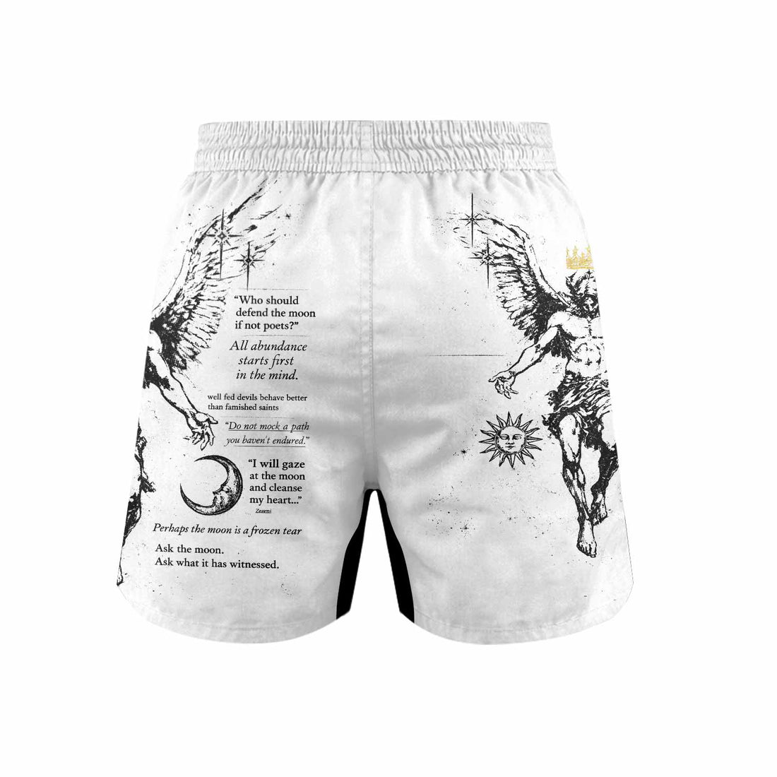 The Messenger Has Arrived White Grappling Shorts - front and back view