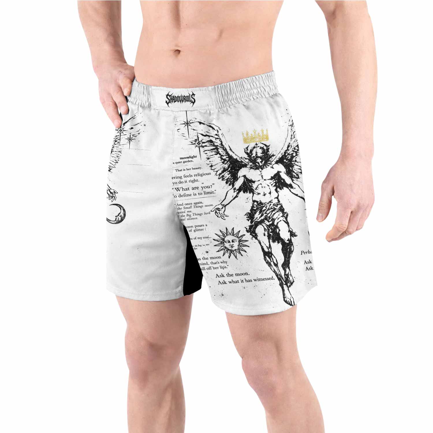The Messenger Has Arrived White Grappling Shorts - front view lifestyle