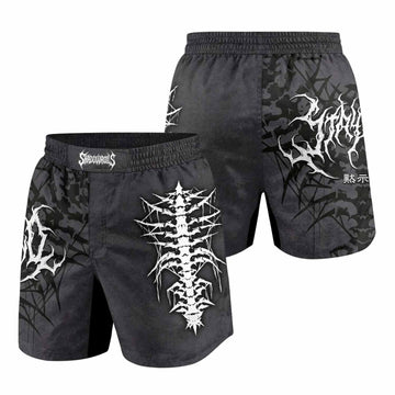 Black Metal Gothic Spine Grappling Shorts - front and back view
