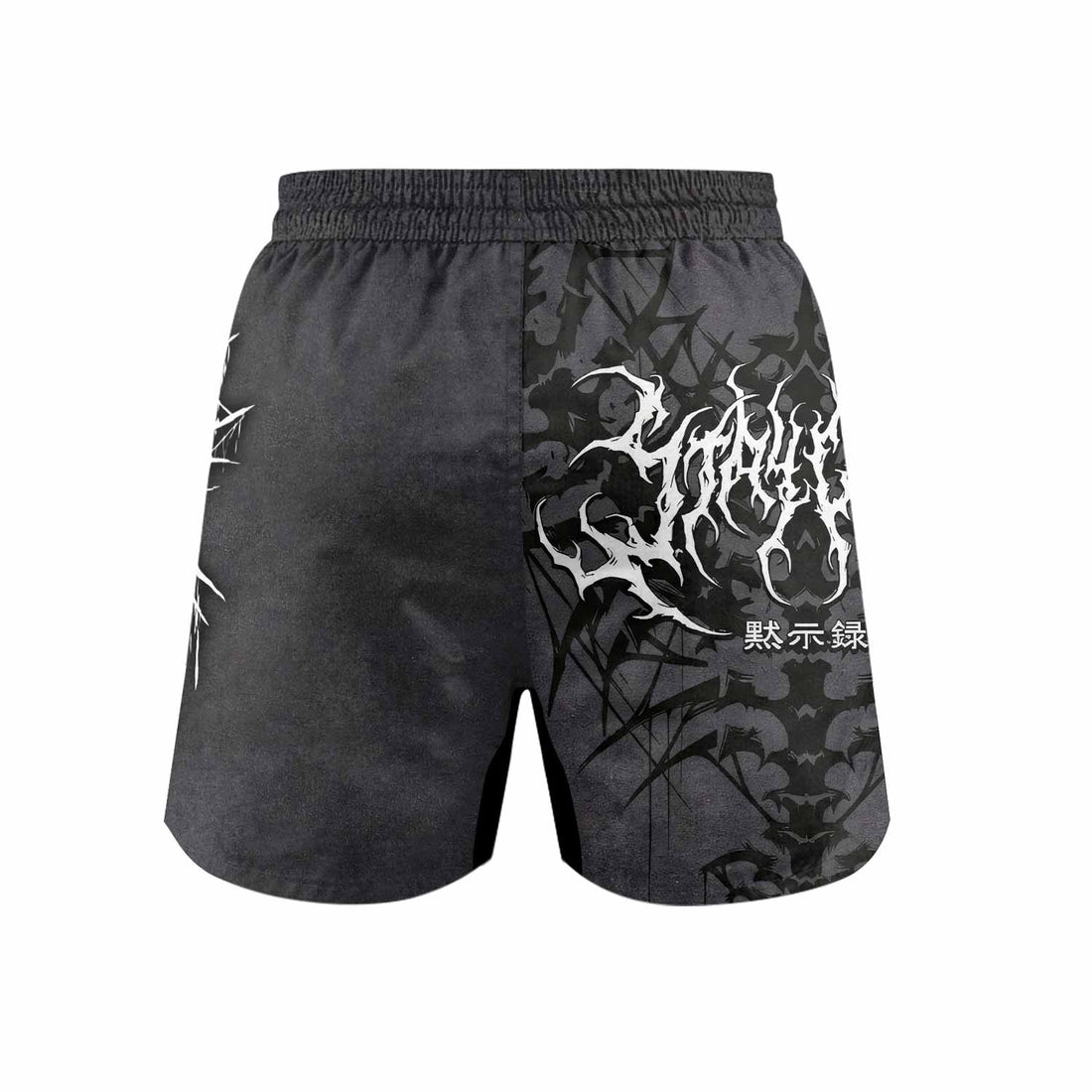 Black Metal Gothic Spine Grappling Shorts - front and back view