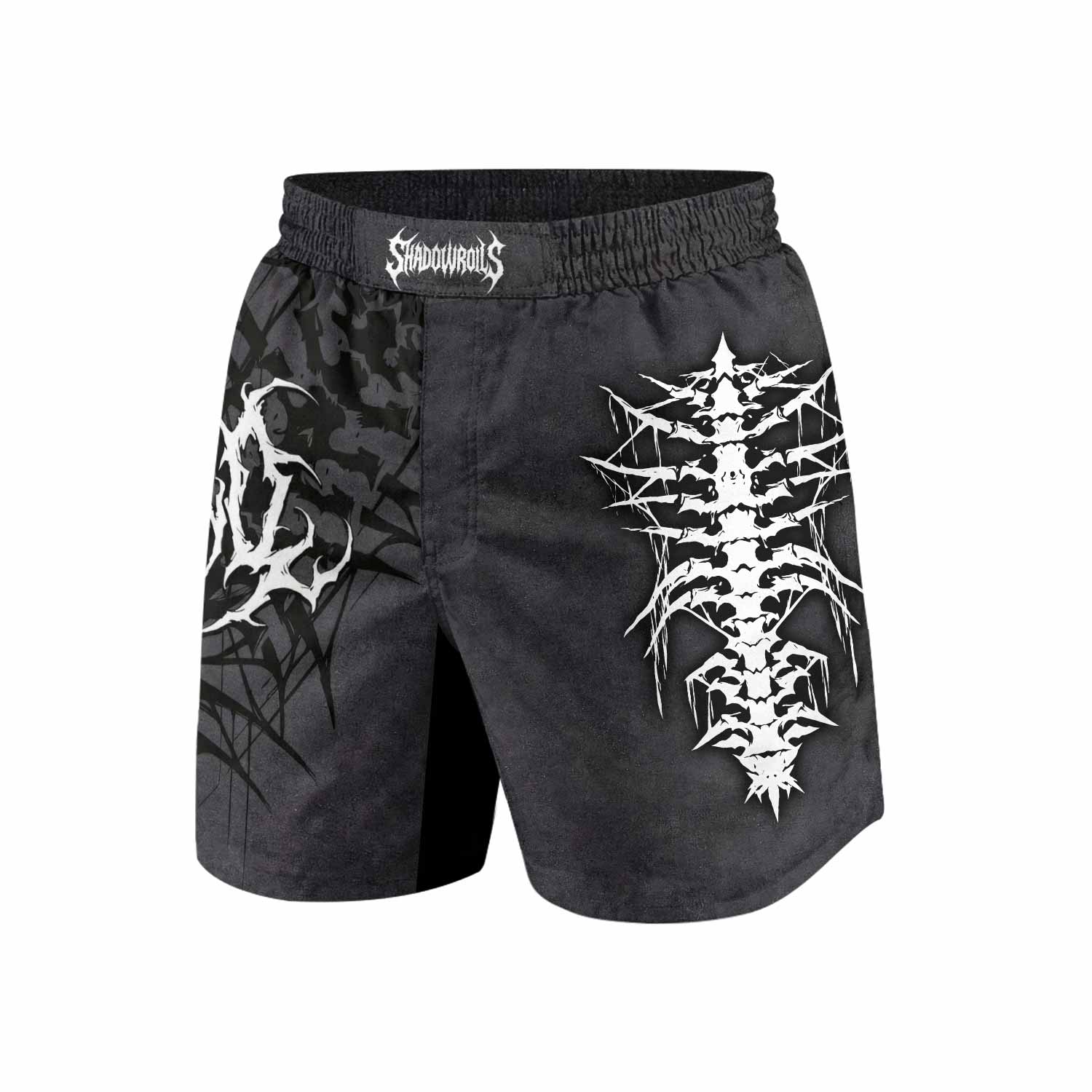 Black Metal Gothic Spine Grappling Shorts - back view mockup
