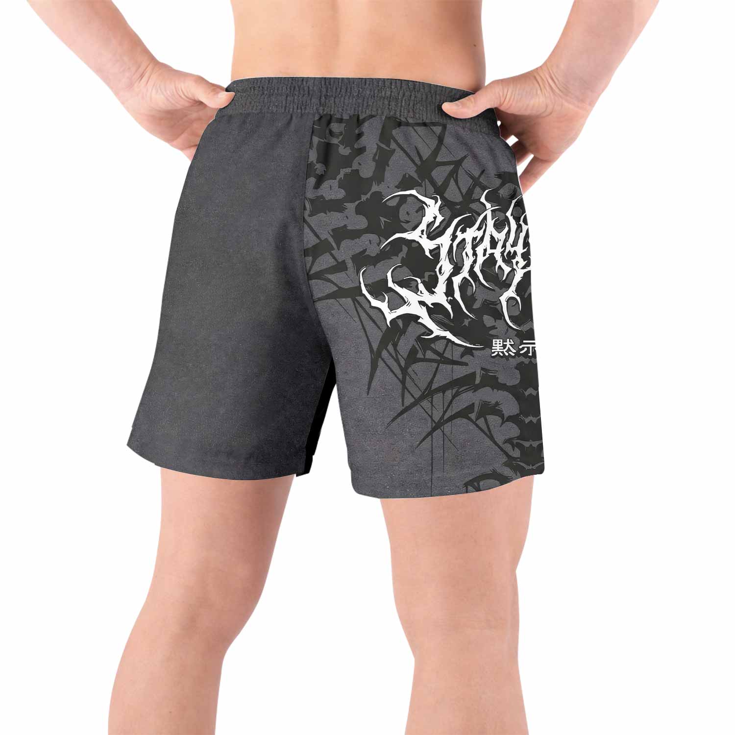 Black Metal Gothic Spine Grappling Shorts - back view lifestyle
