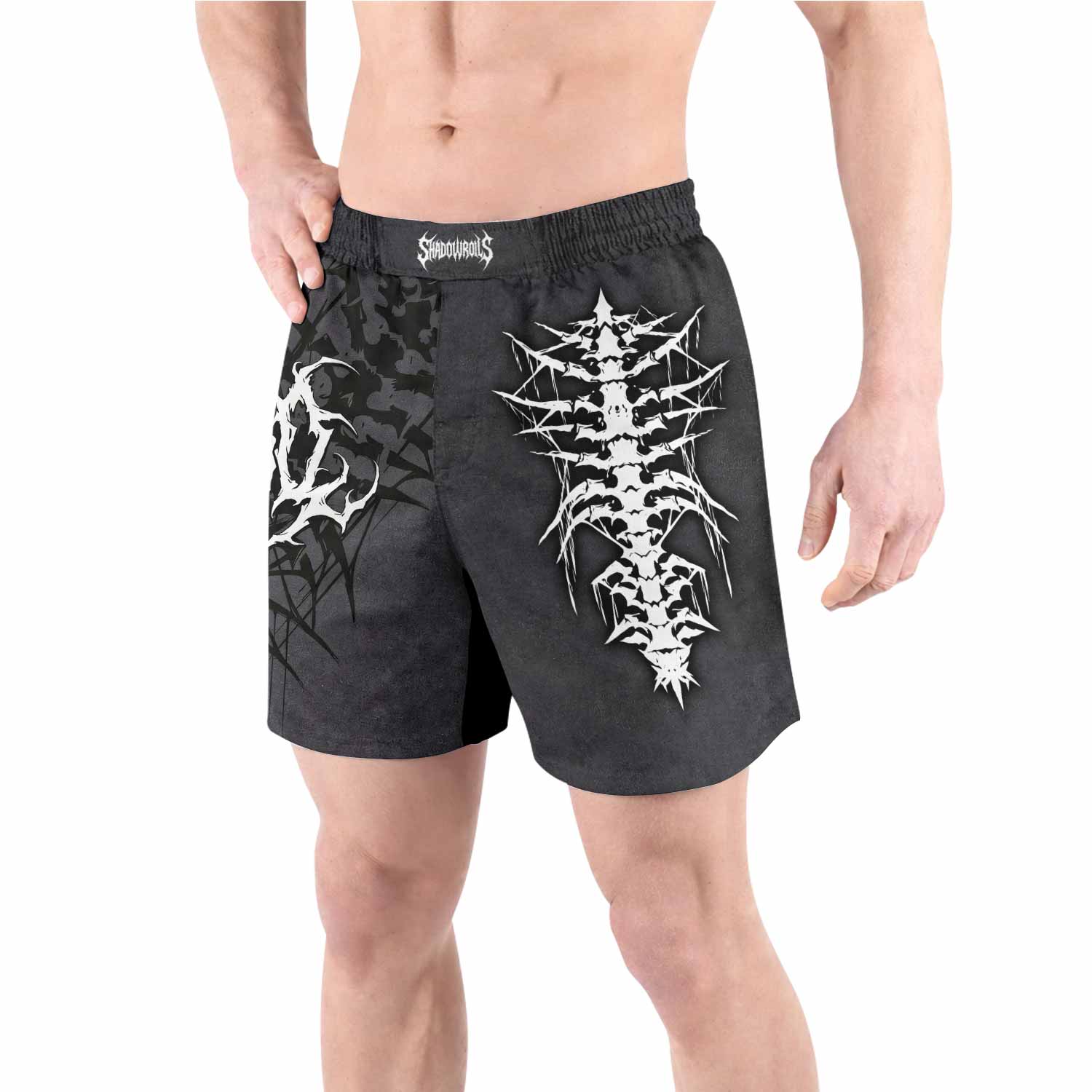Black Metal Gothic Spine Grappling Shorts - front view lifestyle