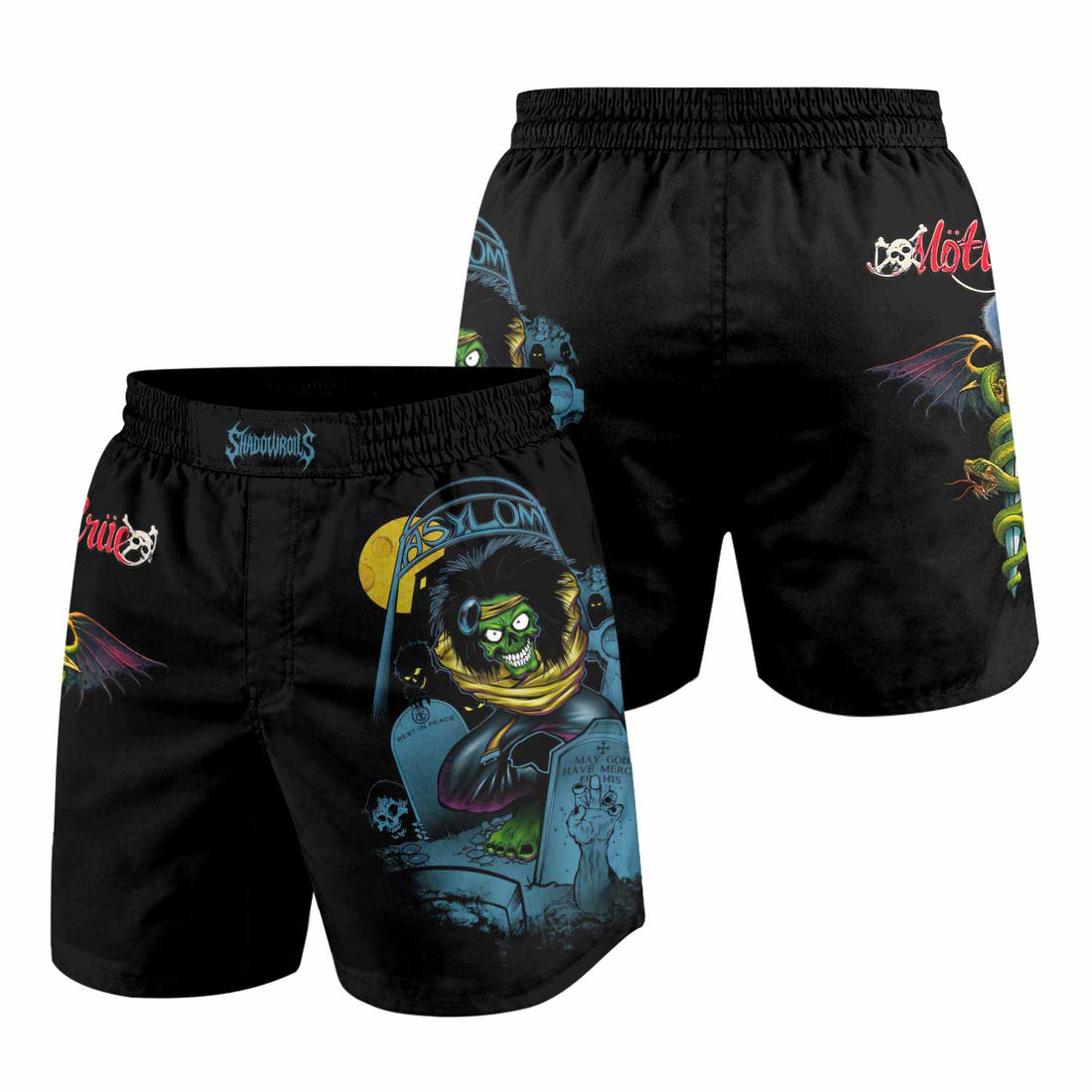 Mötley Crüe Dr. Feelgood Grappling Shorts - front and back view