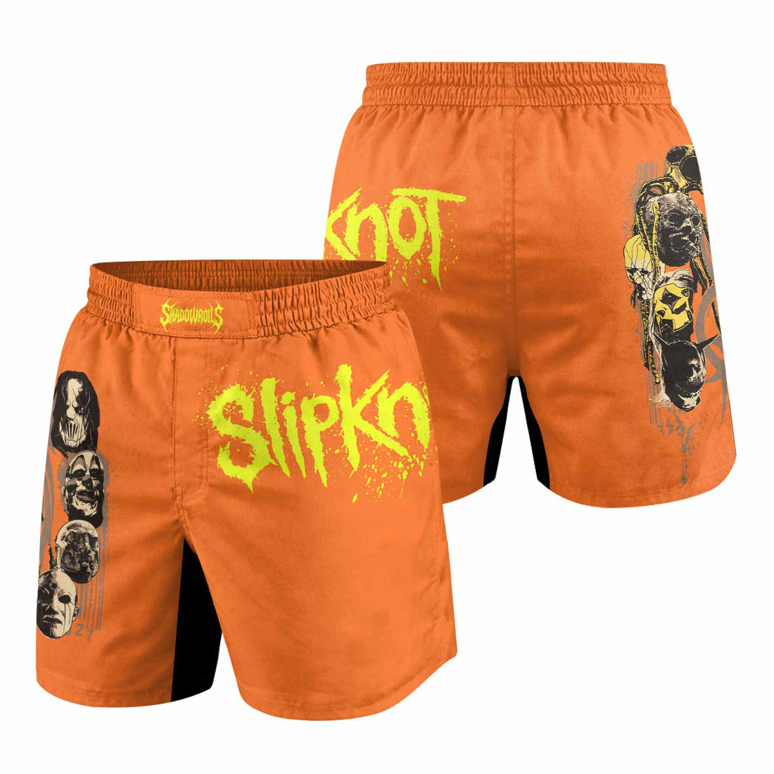 Slipknot Splatter Orange Grappling Shorts - front and back view