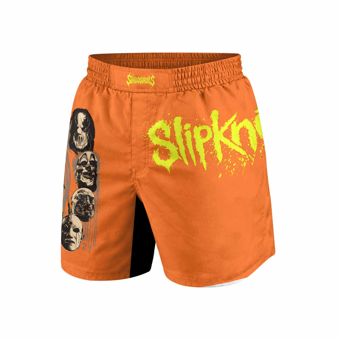 Slipknot Splatter Orange Grappling Shorts - front and back view