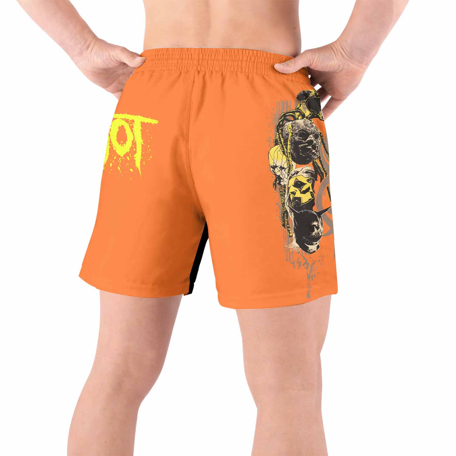 Slipknot Splatter Orange Grappling Shorts - back view lifestyle