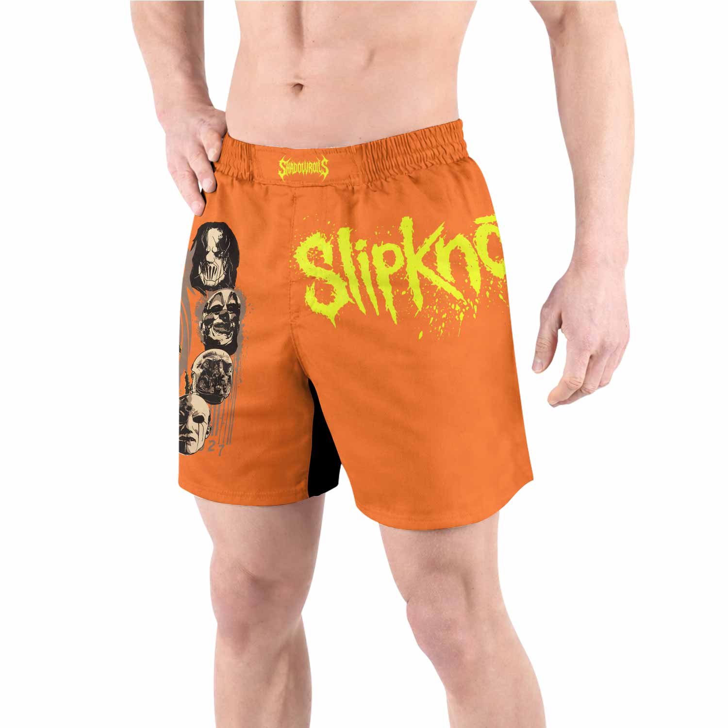 Slipknot Splatter Orange Grappling Shorts - front view lifestyle