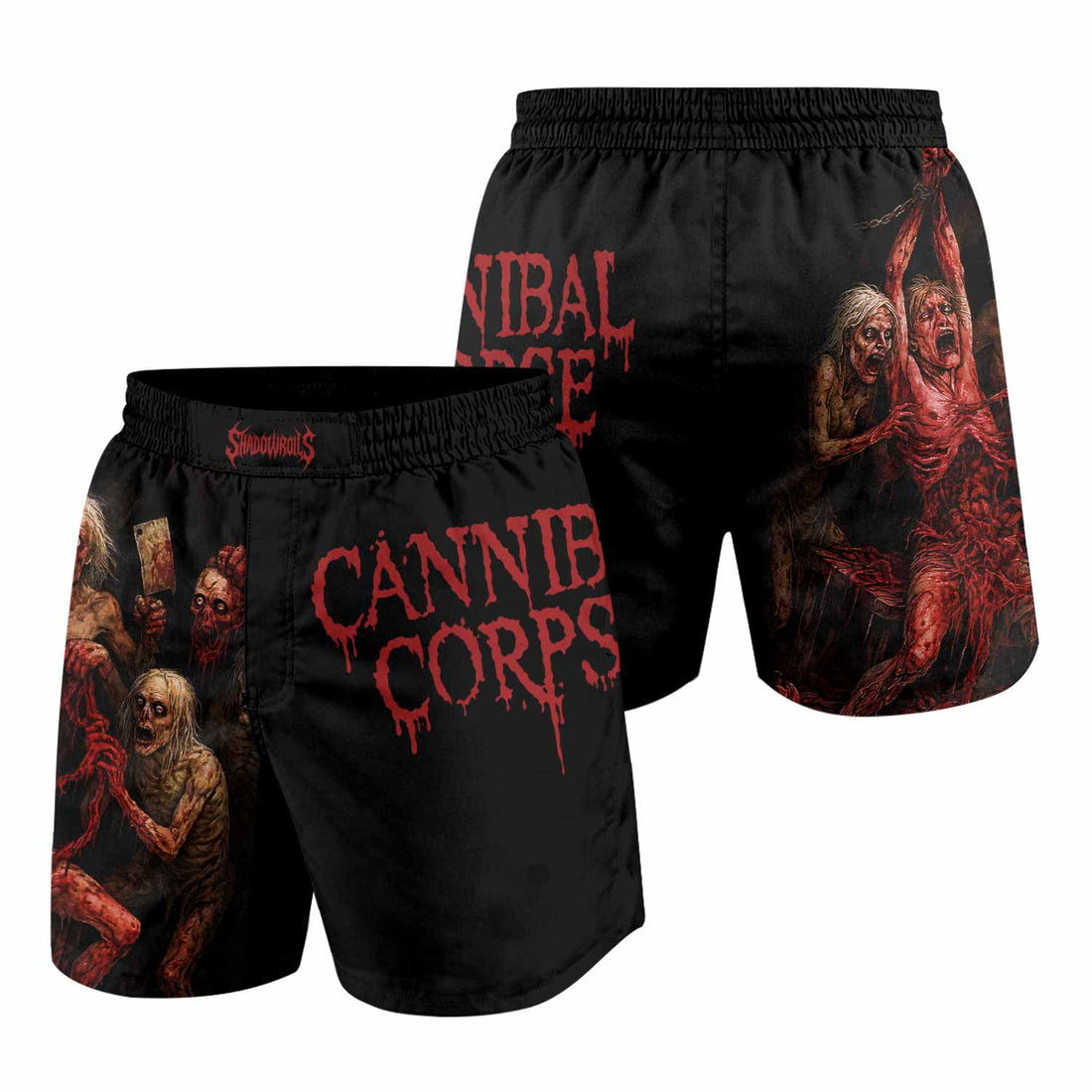 Butchered at Birth Cannibal Corpse Grappling Shorts - front and back view