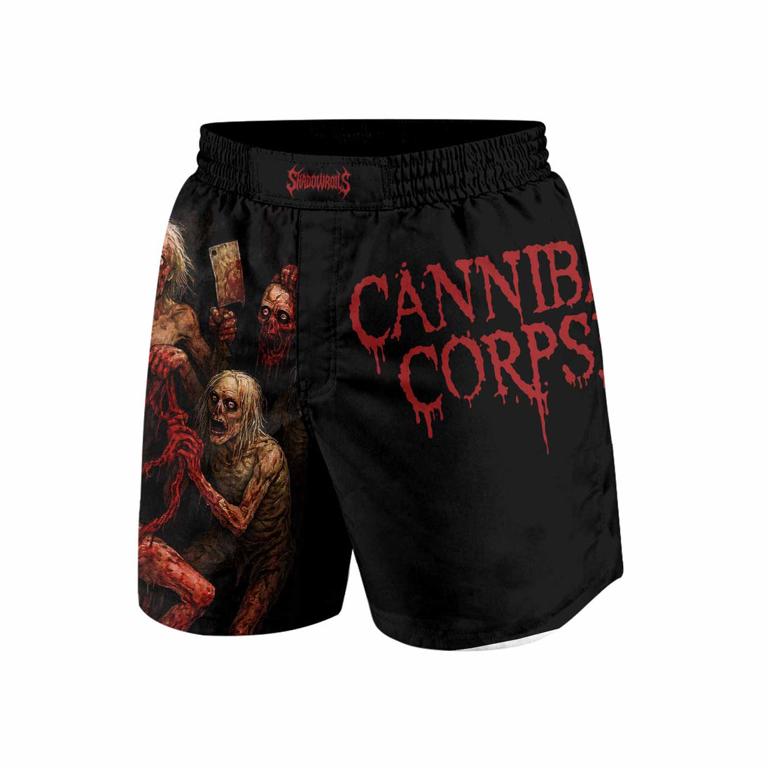 Butchered at Birth Cannibal Corpse Grappling Shorts - front and back view