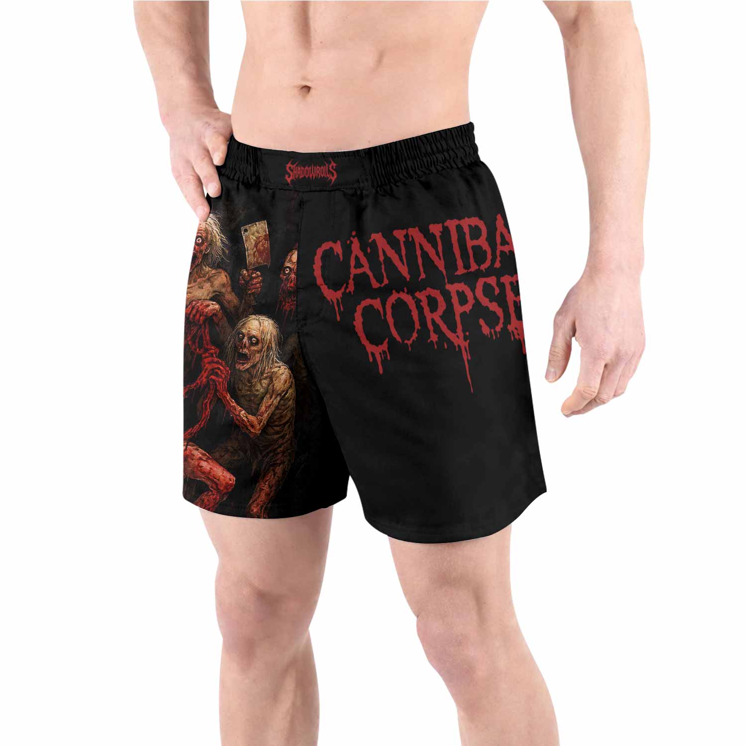 Butchered at Birth Cannibal Corpse Grappling Shorts - front view lifestyle