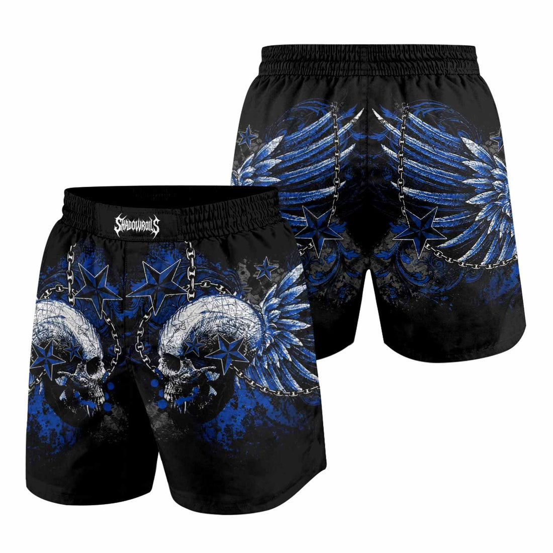 Blue Winged Skull Grappling Shorts - front and back view