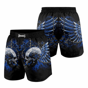 Blue Winged Skull Grappling Shorts - front and back view