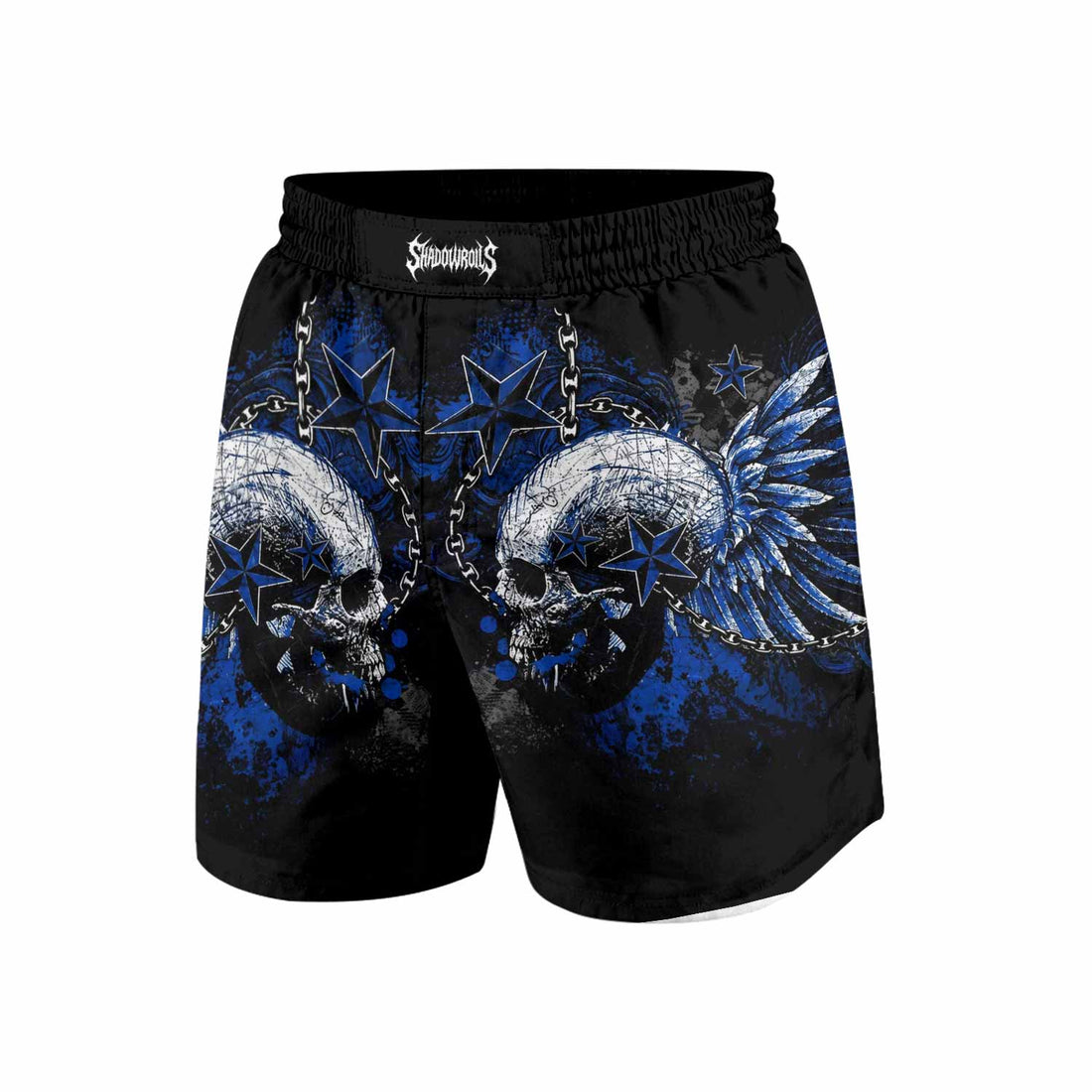 Blue Winged Skull Grappling Shorts - front and back view
