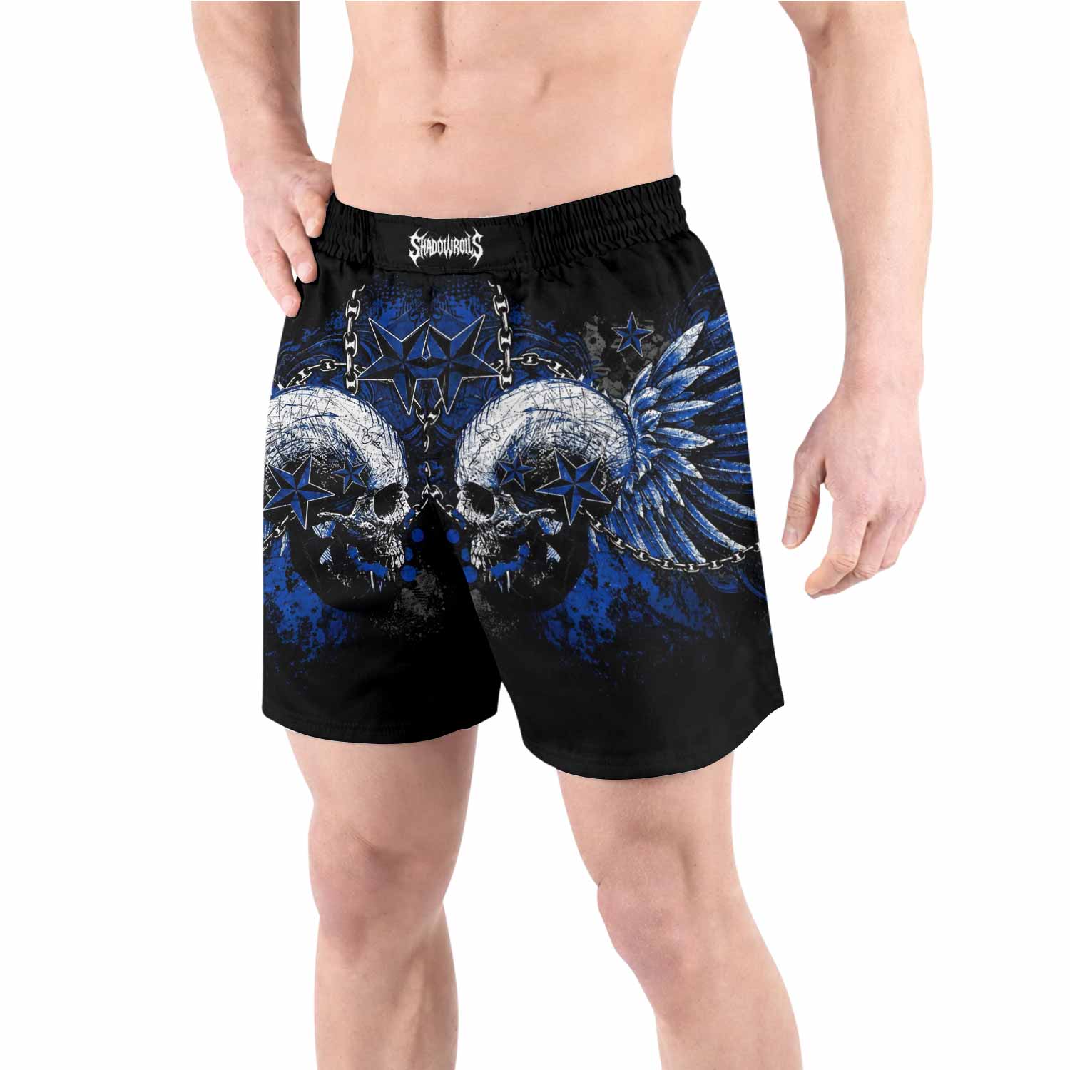 Blue Winged Skull Grappling Shorts - front view lifestyle