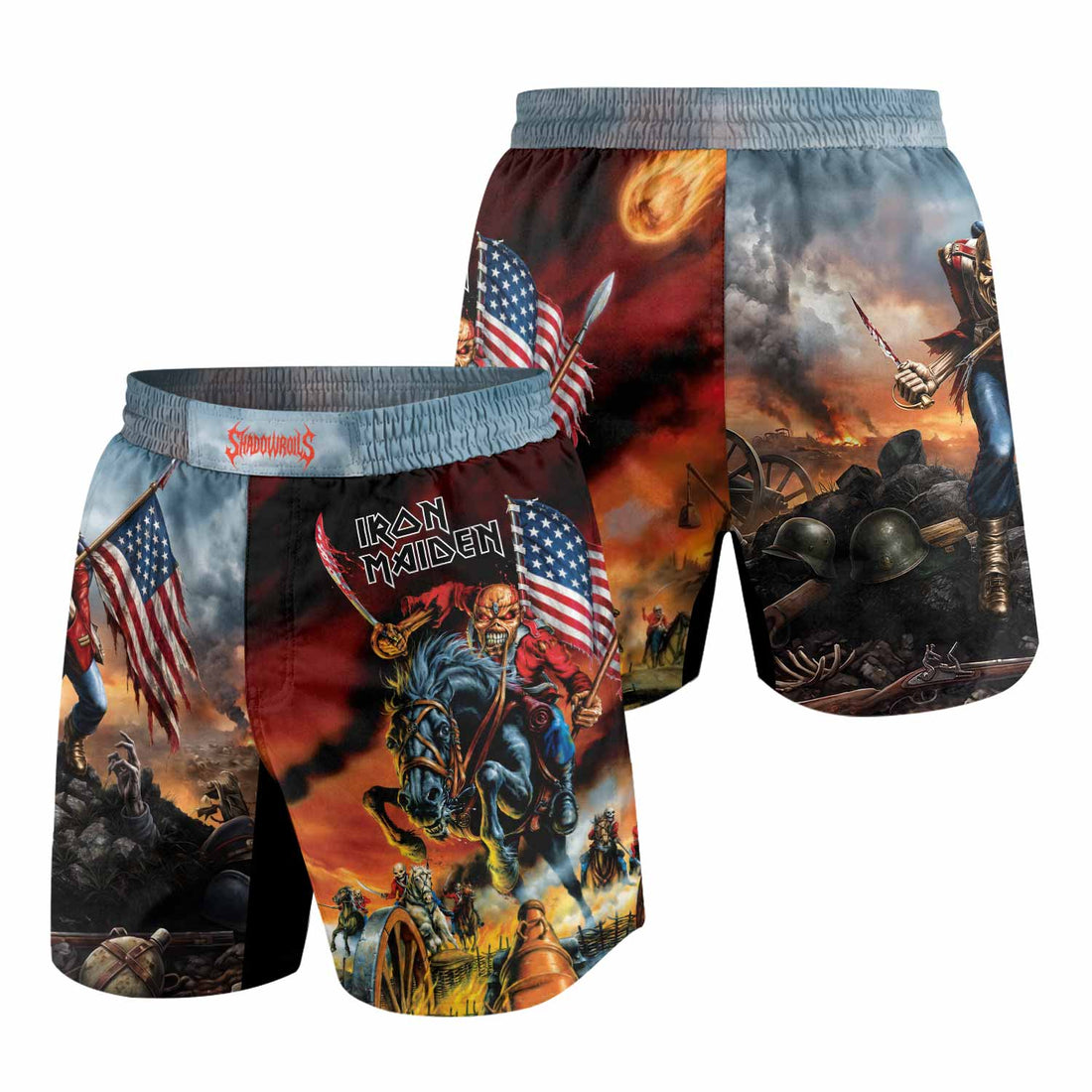 Iron Maiden American Flag Grappling Shorts - front and back view