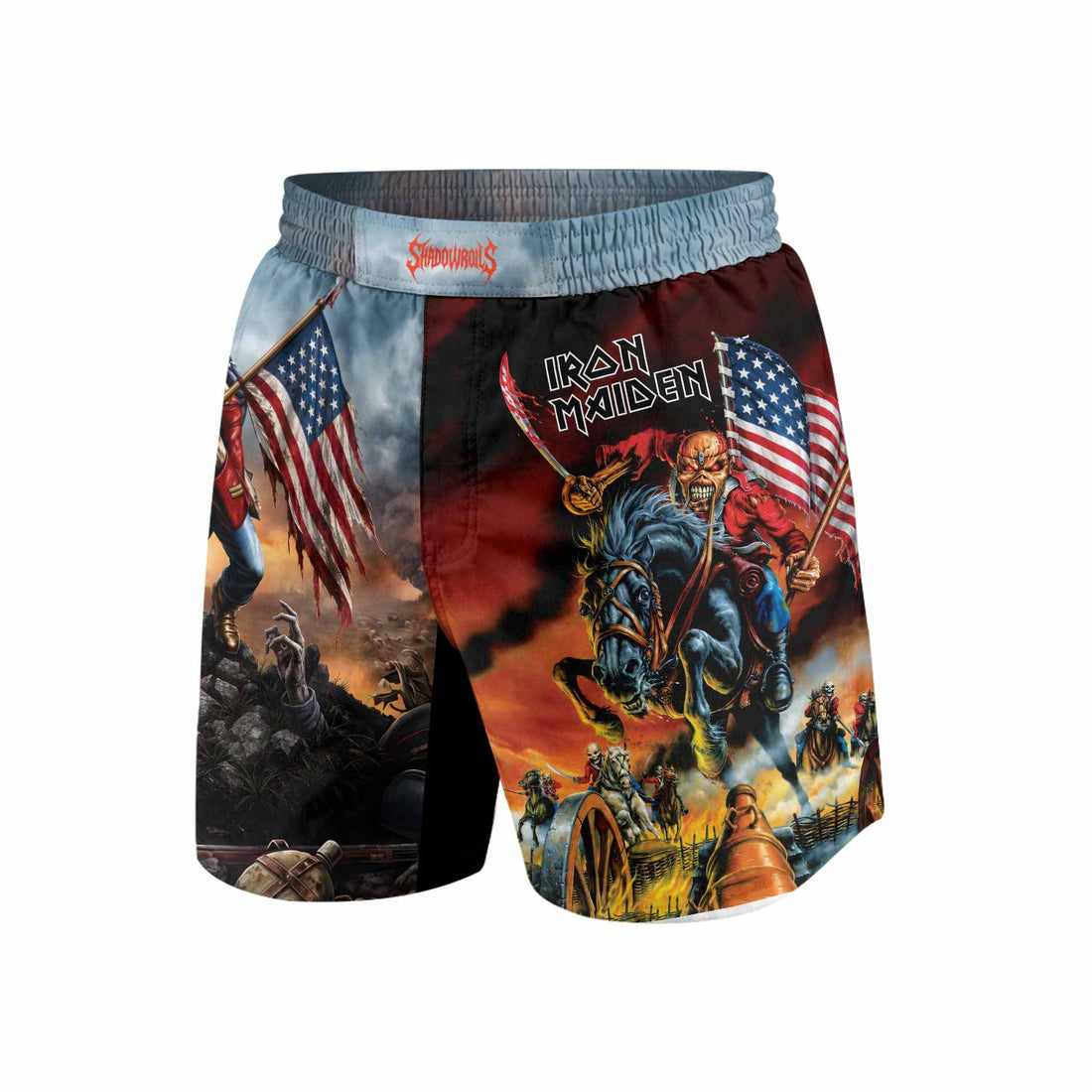 Iron Maiden American Flag Grappling Shorts - front and back view