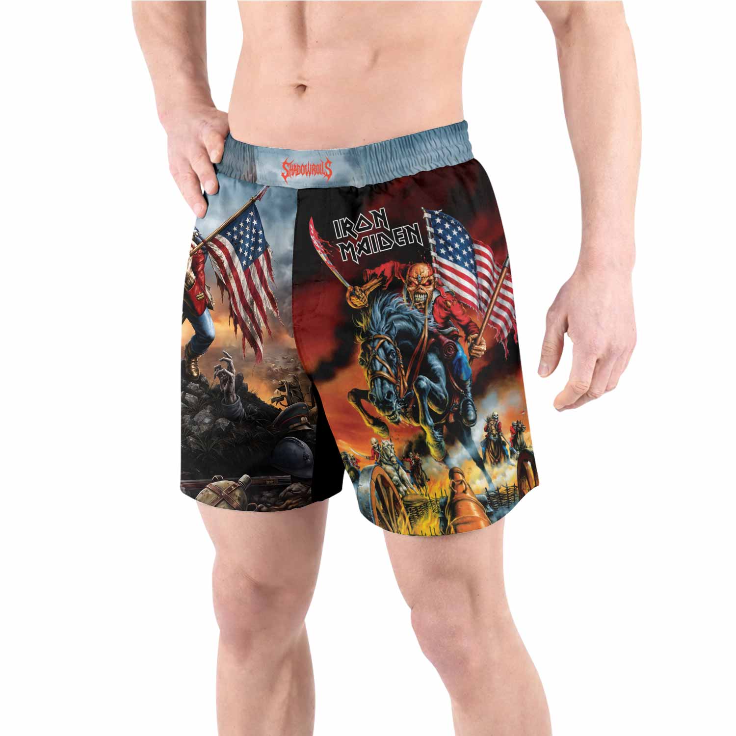Iron Maiden American Flag Grappling Shorts - front view lifestyle