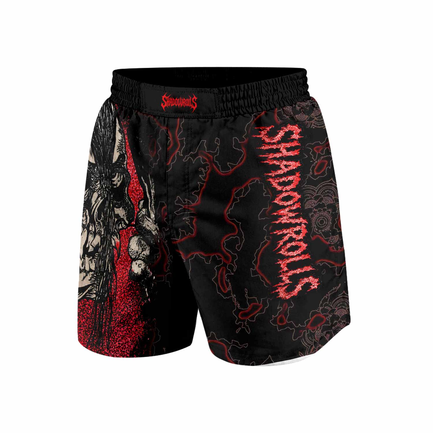 Crimson Hollow Skull Grappling Shorts - front and back view