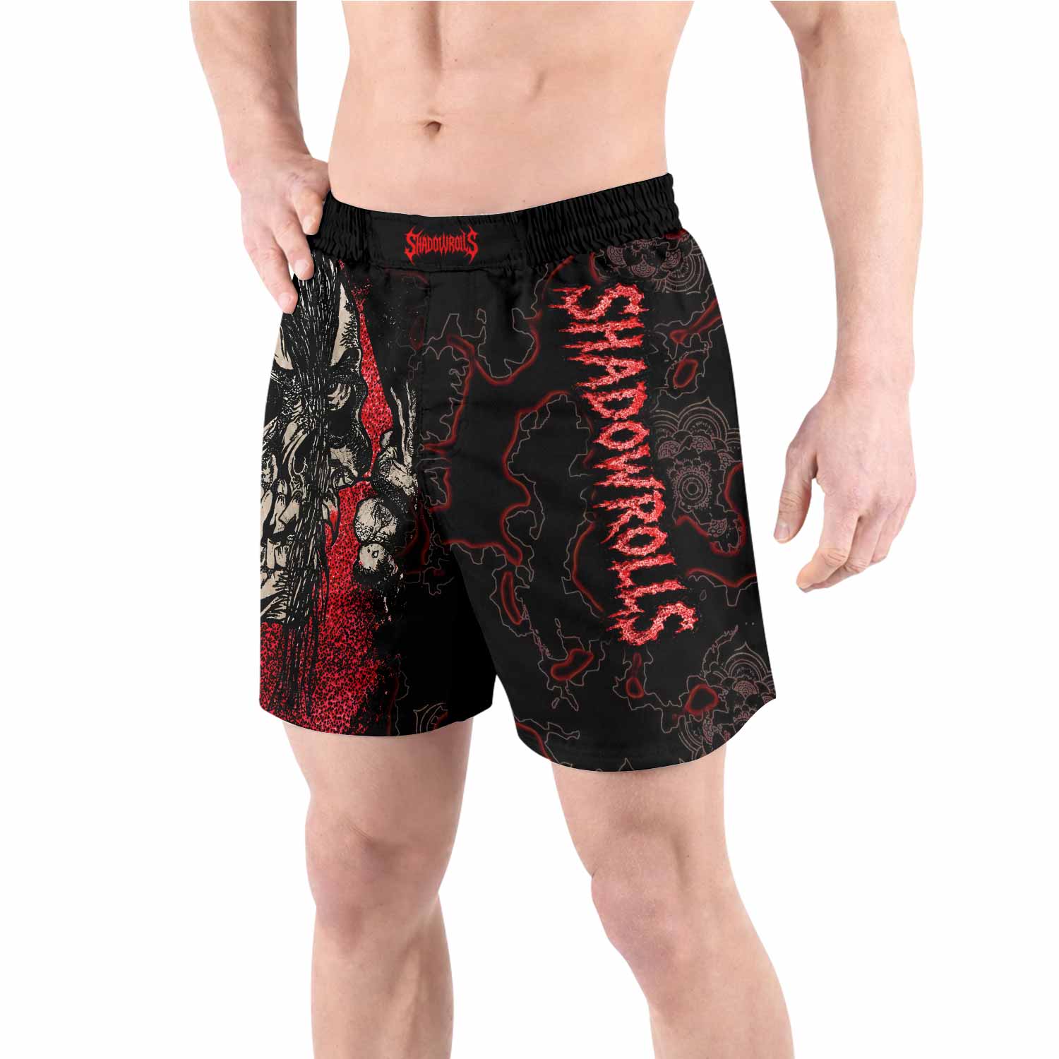 Crimson Hollow Skull Grappling Shorts - back view lifestyle