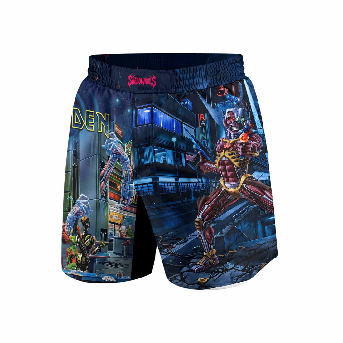 Iron Maiden Somewhere in Time Eddie Cyborg Grappling Shorts - front and back view