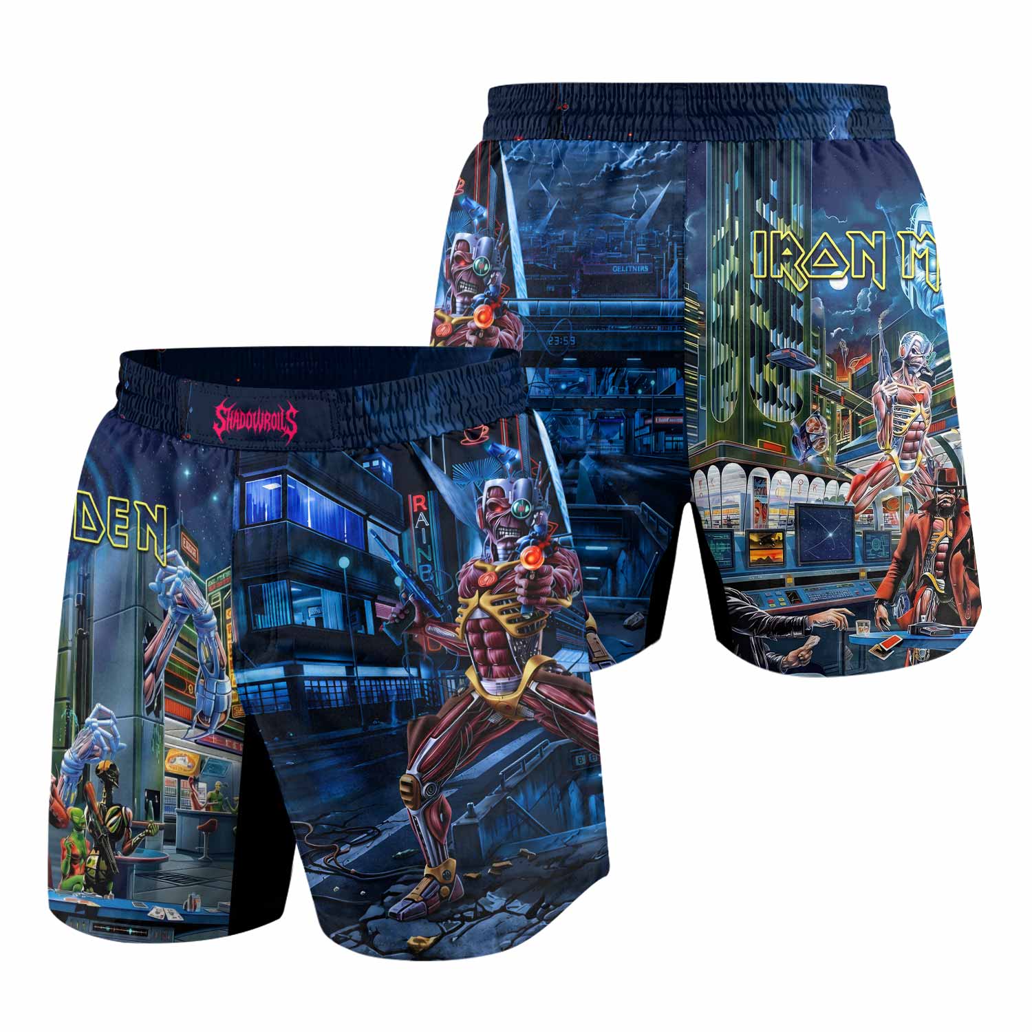 Iron Maiden Somewhere in Time Eddie Cyborg Grappling Shorts - back view mockup