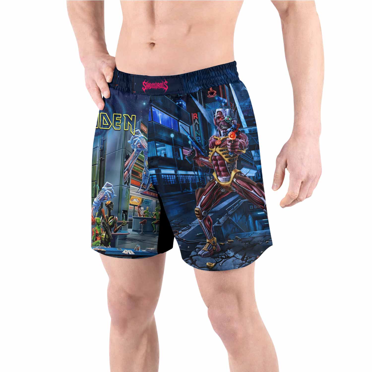 Iron Maiden Somewhere in Time Eddie Cyborg Grappling Shorts - back view lifestyle