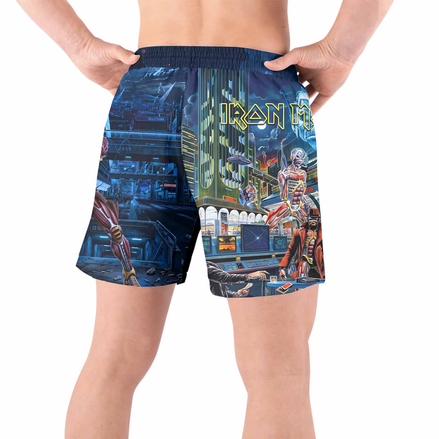 Iron Maiden Somewhere in Time Eddie Cyborg Grappling Shorts - front view lifestyle