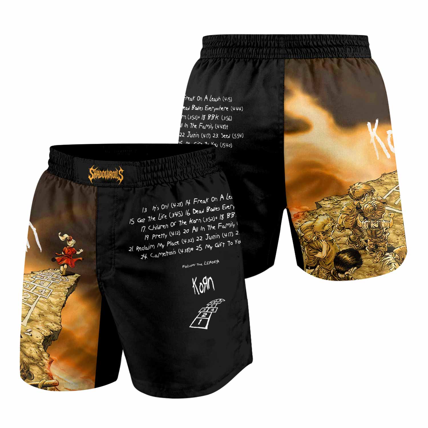 Korn Follow the Leader Hopscotch Grappling Shorts - front and back view