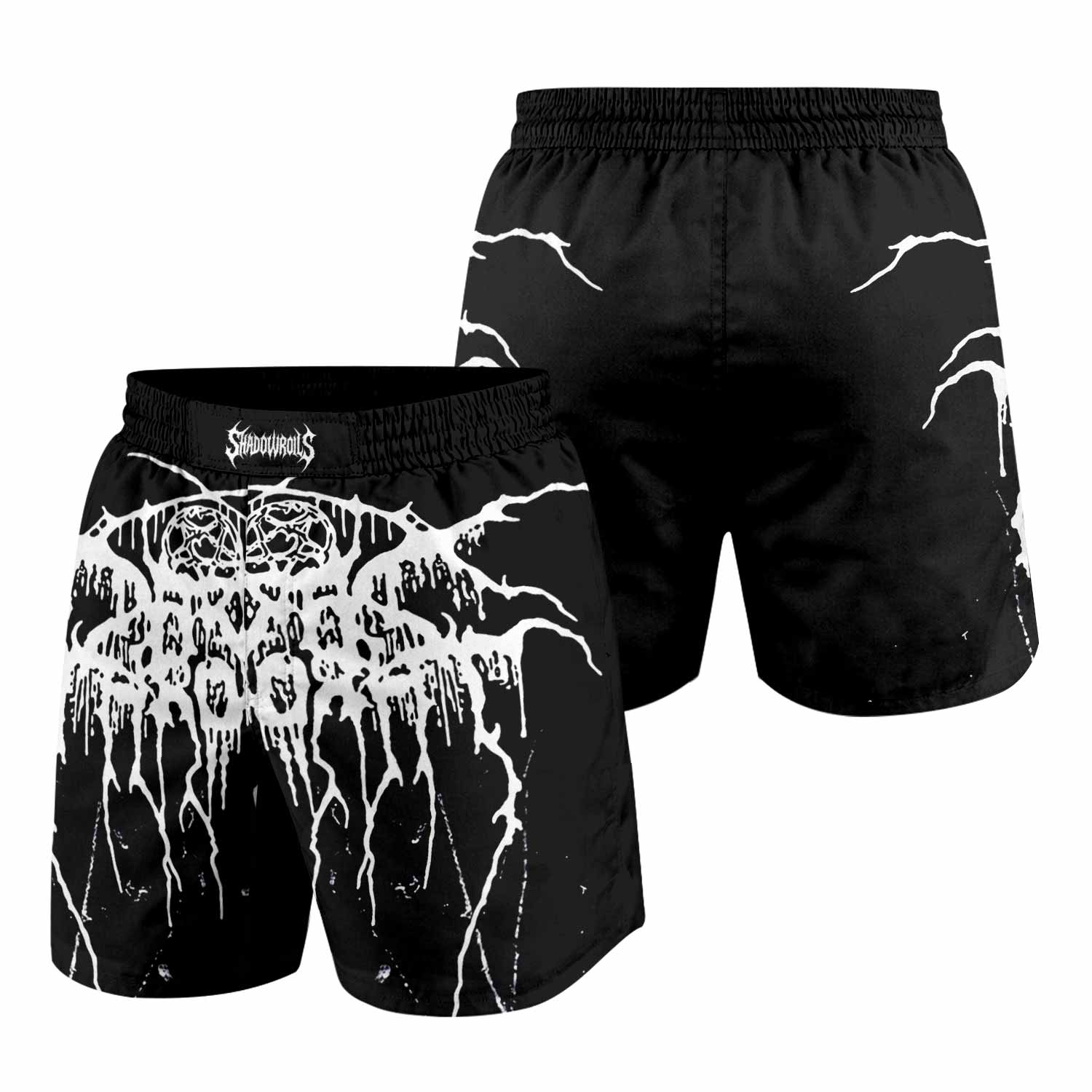 Darkthrone Under a Funeral Moon Grappling Shorts - front and back view