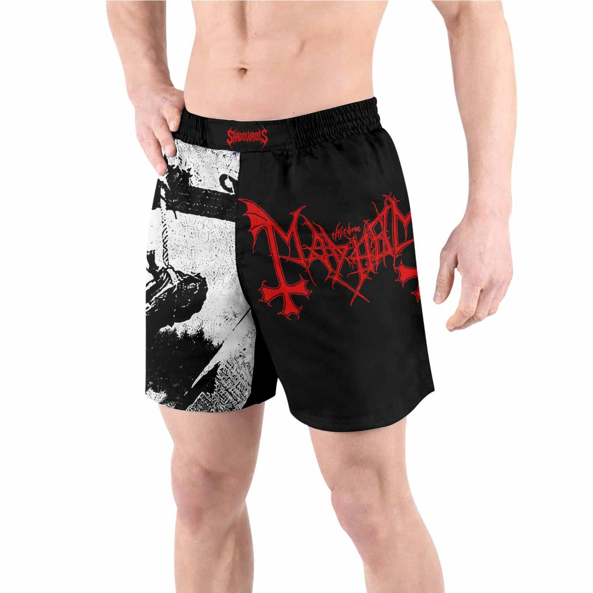 Mayhem Deathcrush No Fun No Core No Mosh No Trends Grappling Shorts - front view lifestyle