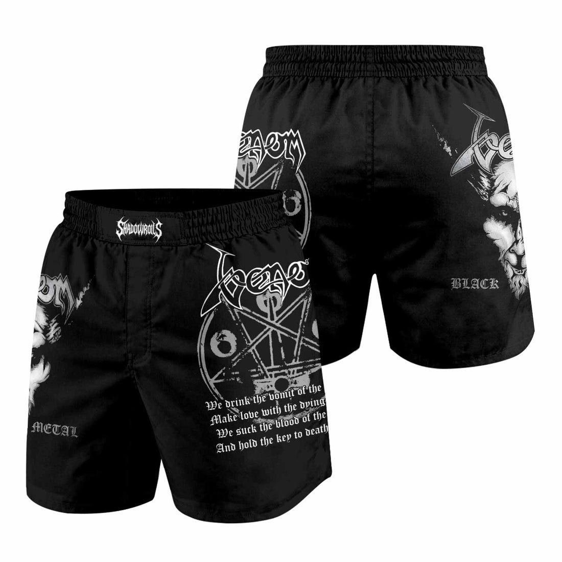 Venom Black Metal Goat Sigil Grappling Shorts - front and back view