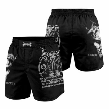 Venom Black Metal Goat Sigil Grappling Shorts - front and back view