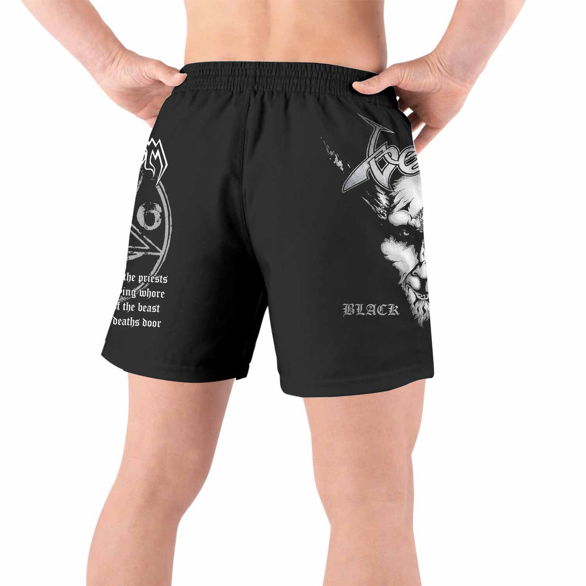 Venom Black Metal Goat Sigil Grappling Shorts - back view lifestyle