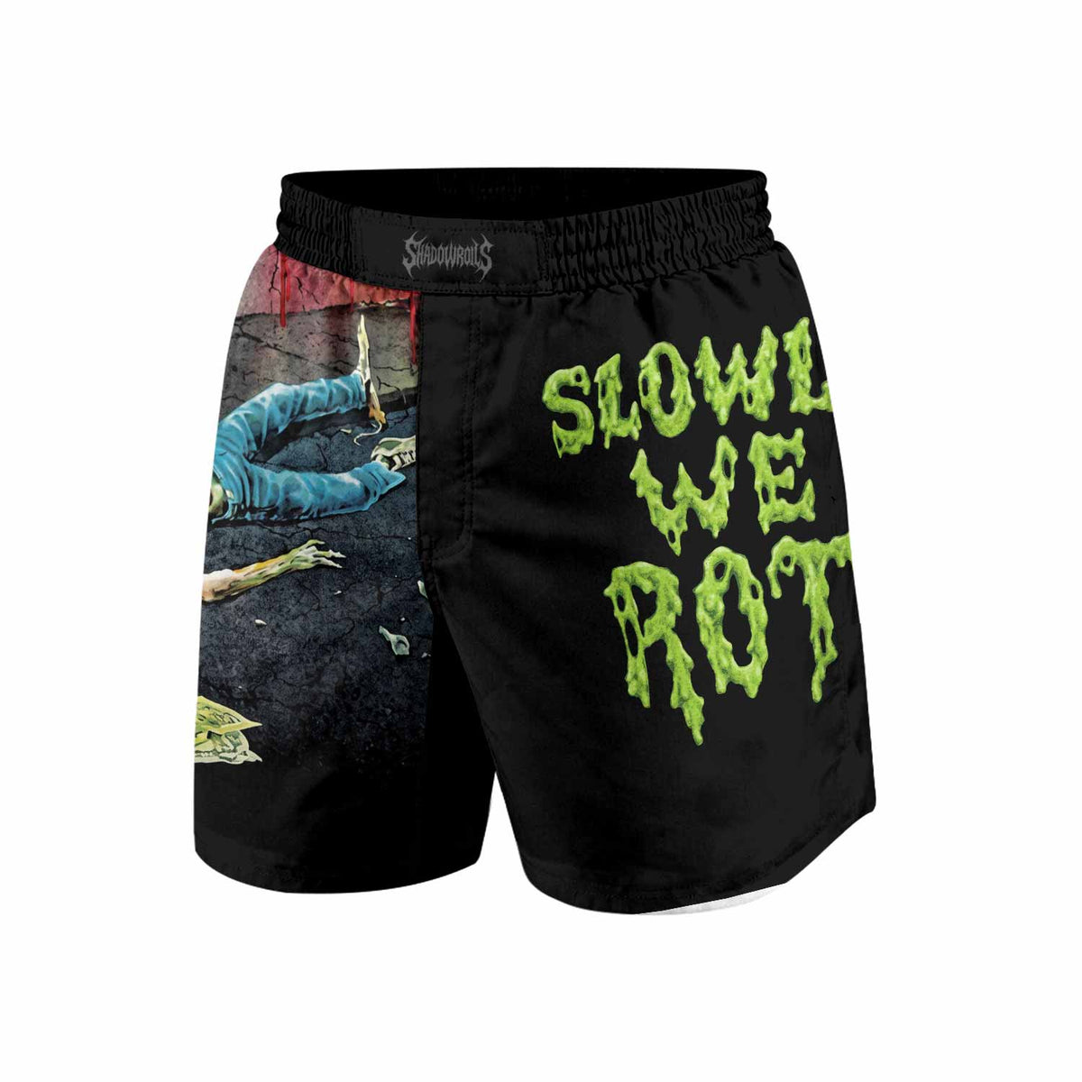 Obituary Slowly We Rot Grappling Shorts - front view mockup