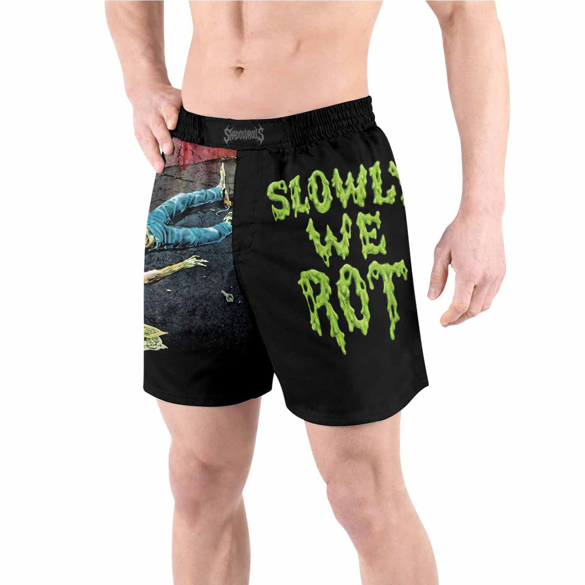 Obituary Slowly We Rot Grappling Shorts - front view lifestyle