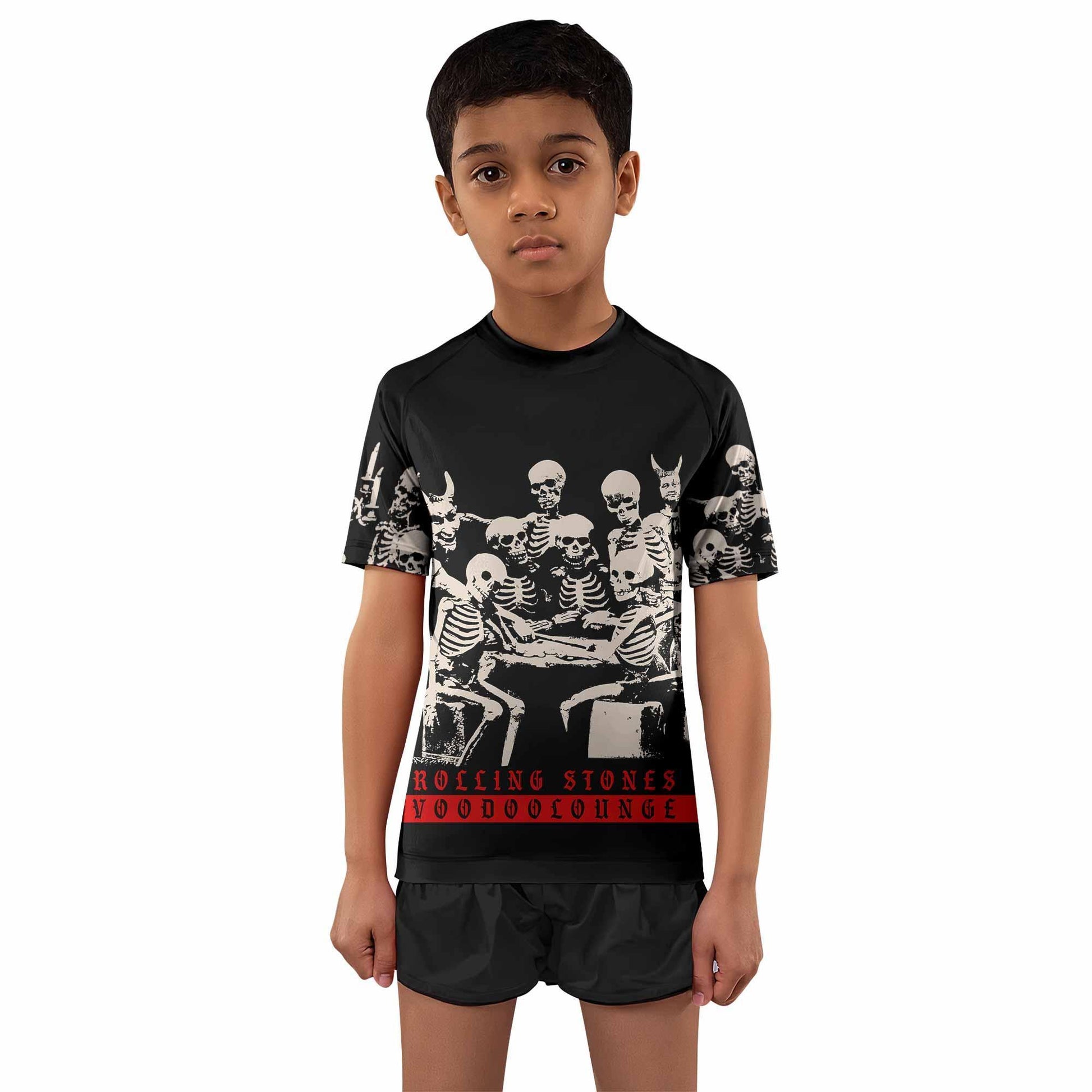 The Rolling Stones Voodoo Lounge Kids Rash Guard Short Sleeve - boy's lifestyle view