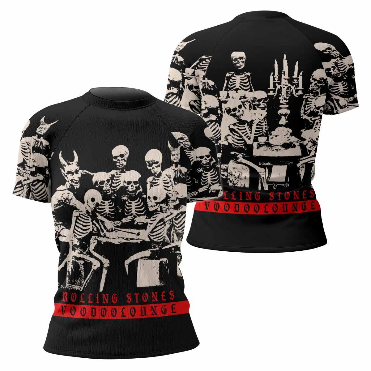 The Rolling Stones Voodoo Lounge Women's Rash Guard Short Sleeve - front and back view