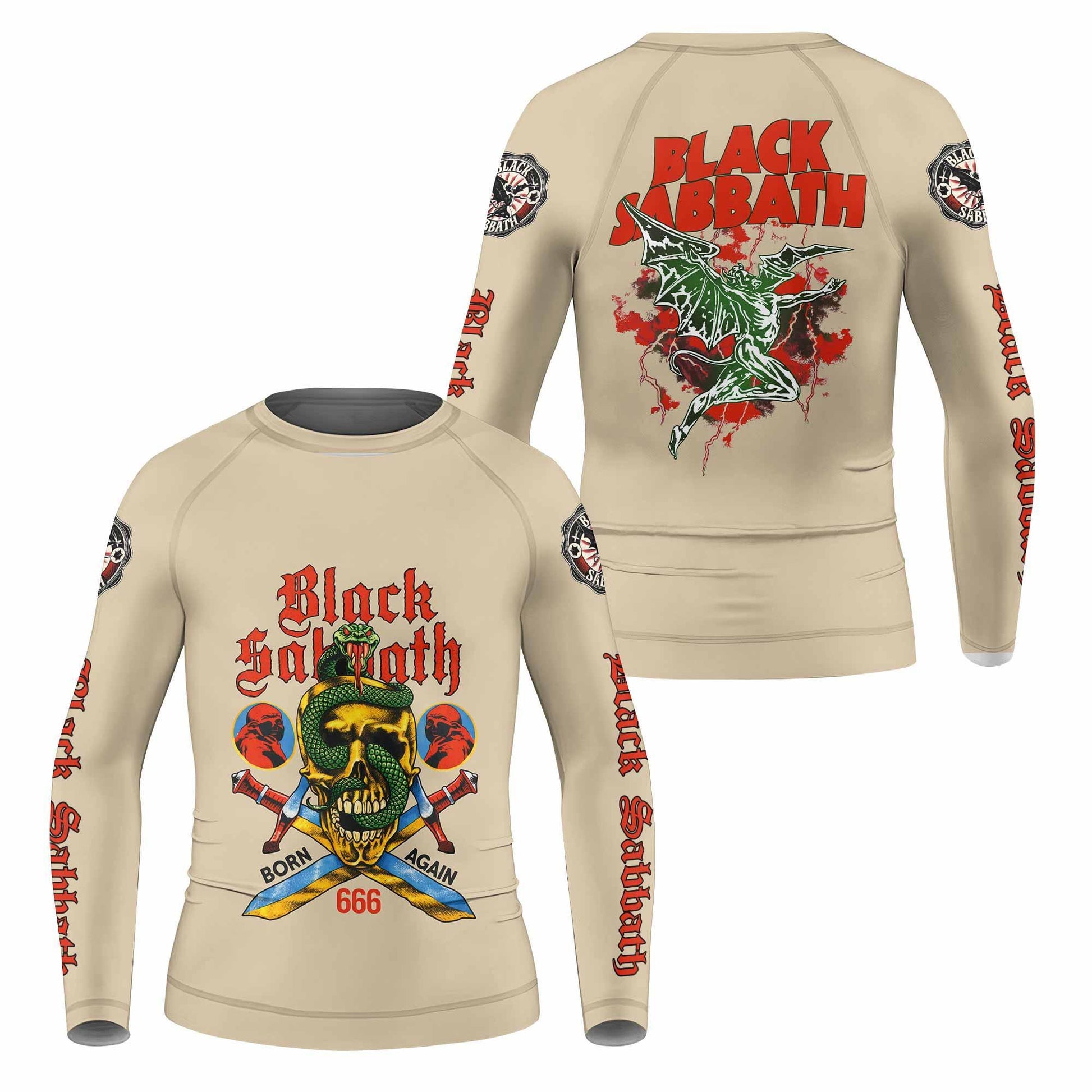 Black Sabbath Born Again Kids Rash Guard Long Sleeve - front and back view