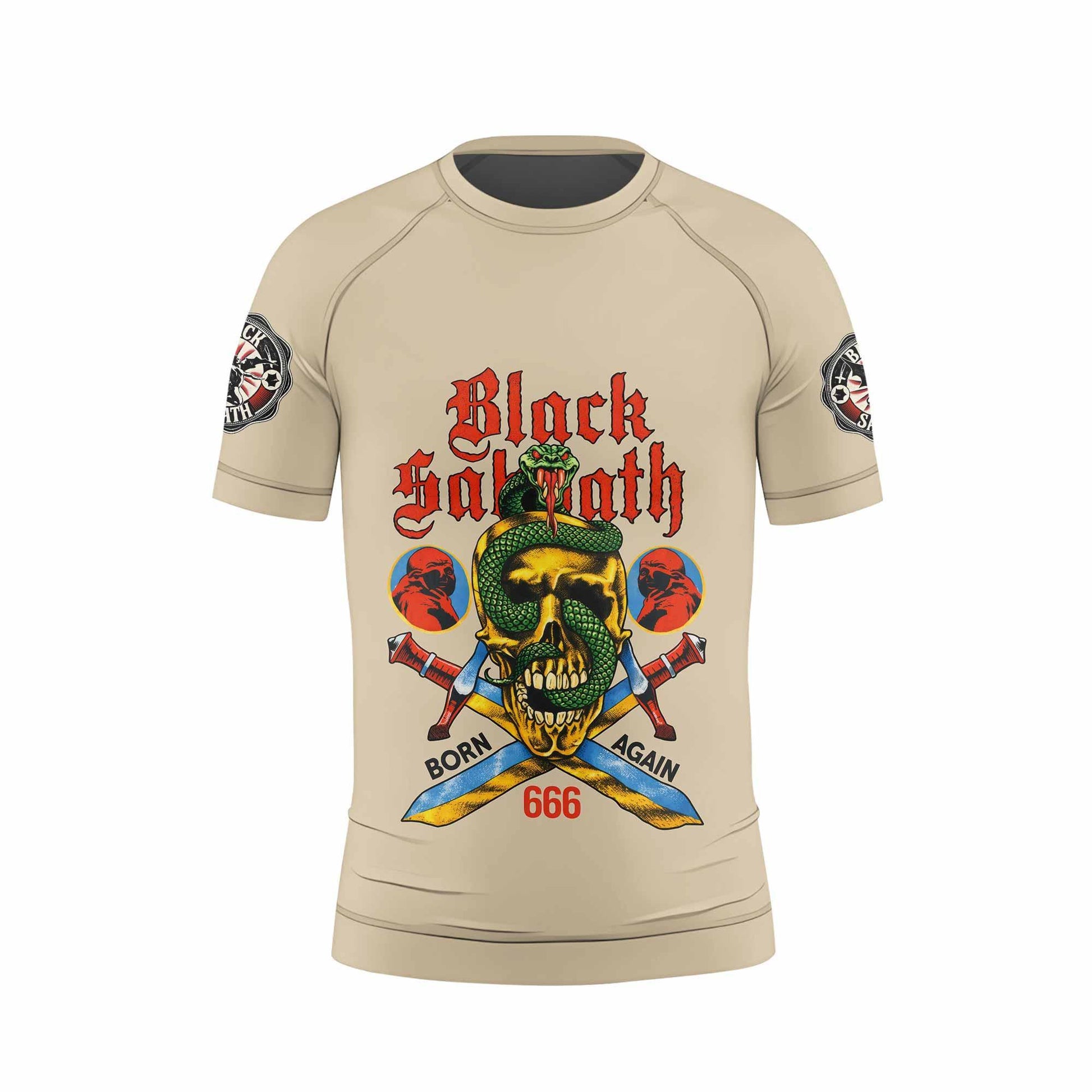 Black Sabbath Born Again Kids Rash Guard Short Sleeve - front view mockup