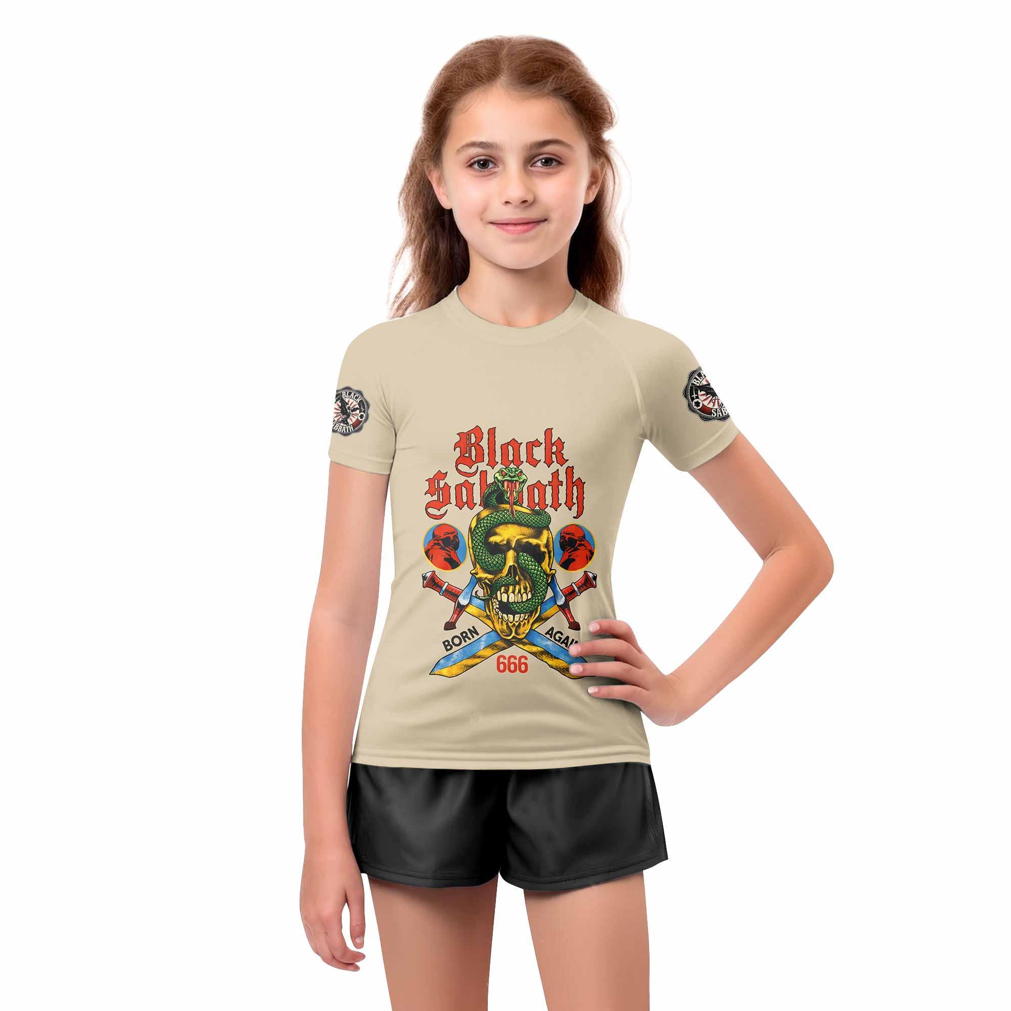 Black Sabbath Born Again Kids Rash Guard Short Sleeve - girl's lifestyle view