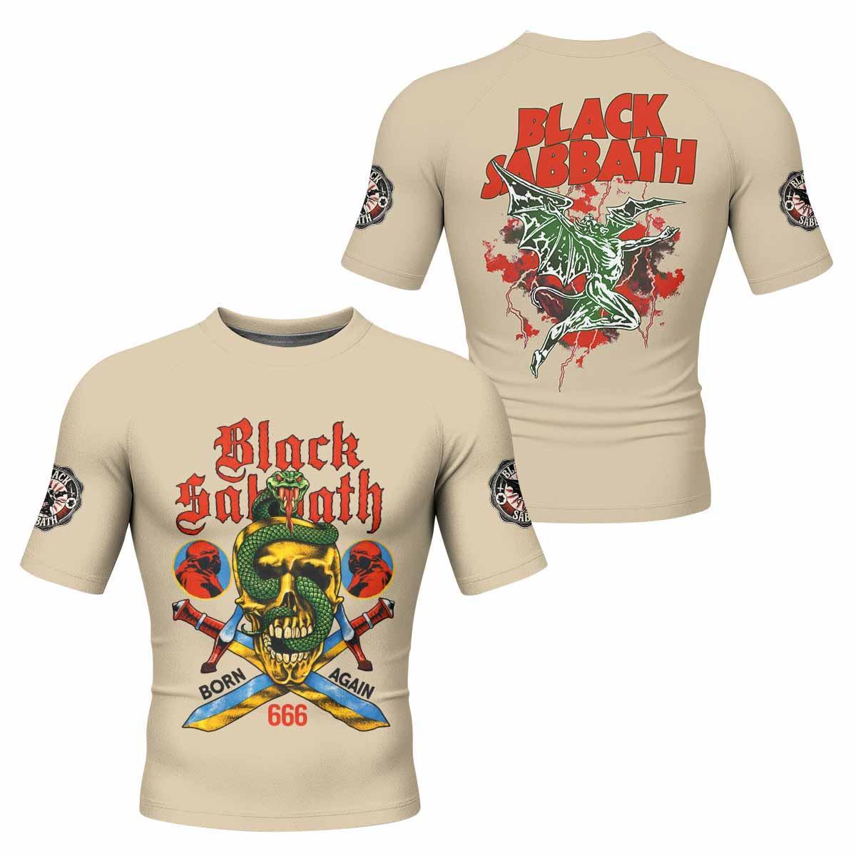 Black Sabbath Born Again Men's Rash Guard Short Sleeve - front and back view