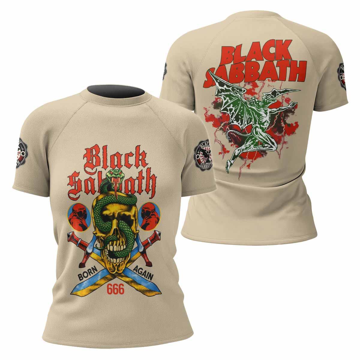 Black Sabbath Born Again Women's Rash Guard Short Sleeve - front and back view
